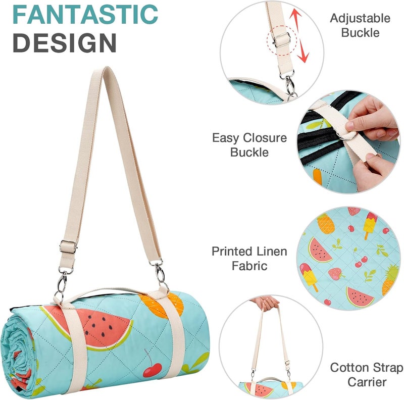 WILLOW WEAVE Picnic Blanket Extra Large 79" x 79", Washable Picnic Blankets, Camping Blanket with Portable Handle & Shoulder Strap - SummerFruits - Image 4